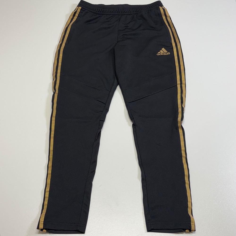 Adidas Men's M Black Gold 3 Stripe AEROREADY Soccer Track Pants Ankle Zip